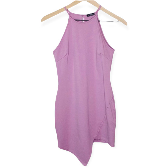 Lovely Day Purple Asymmetrical Hem Stretch Bodycon Mini Dress Halter Medium - Picture 1 of 8